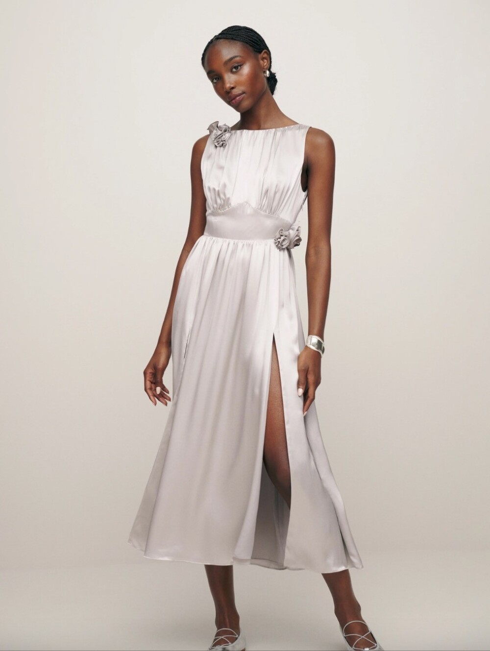 Reformation 100% Silk Satin Midi Dress Silver Sz 16 NWT